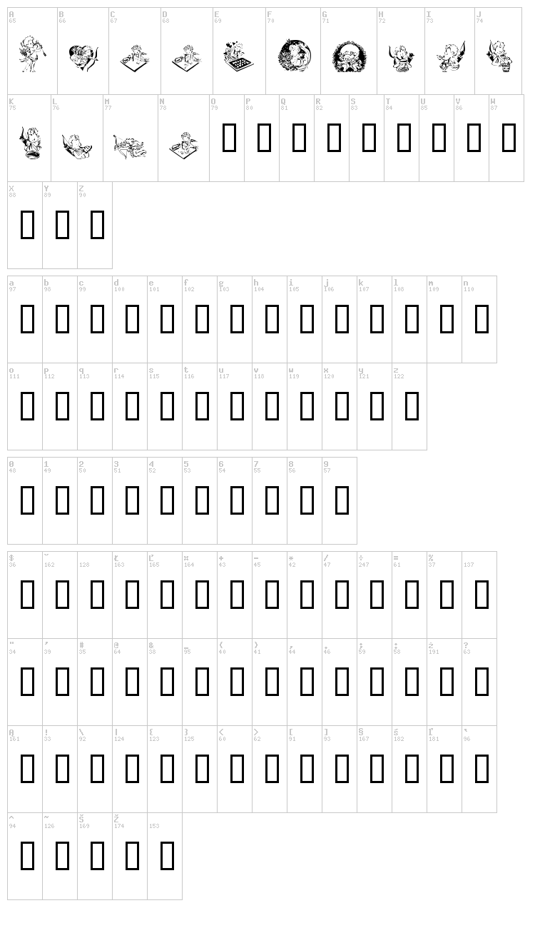 LCR Cutesy Cupid font map